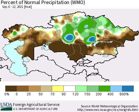 Kazakhstan Percent of Normal Precipitation (WMO) Thematic Map For 9/6/2021 - 9/12/2021