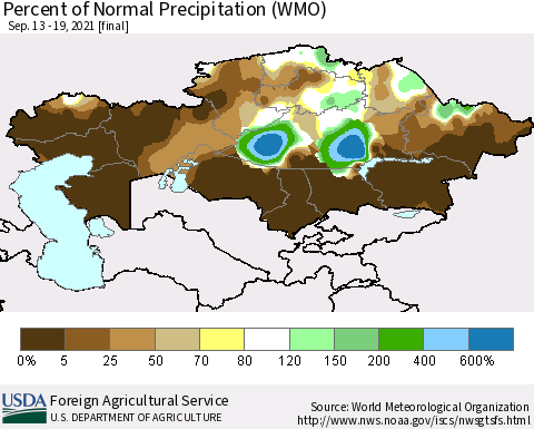 Kazakhstan Percent of Normal Precipitation (WMO) Thematic Map For 9/13/2021 - 9/19/2021