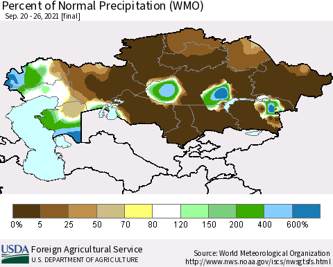 Kazakhstan Percent of Normal Precipitation (WMO) Thematic Map For 9/20/2021 - 9/26/2021