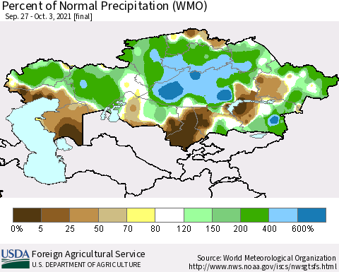 Kazakhstan Percent of Normal Precipitation (WMO) Thematic Map For 9/27/2021 - 10/3/2021
