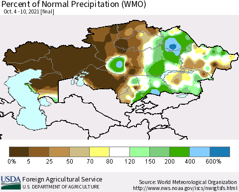 Kazakhstan Percent of Normal Precipitation (WMO) Thematic Map For 10/4/2021 - 10/10/2021