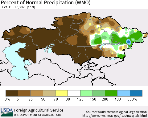Kazakhstan Percent of Normal Precipitation (WMO) Thematic Map For 10/11/2021 - 10/17/2021