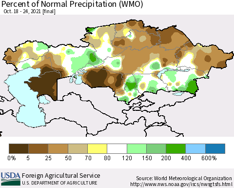 Kazakhstan Percent of Normal Precipitation (WMO) Thematic Map For 10/18/2021 - 10/24/2021
