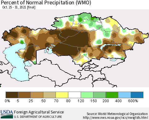 Kazakhstan Percent of Normal Precipitation (WMO) Thematic Map For 10/25/2021 - 10/31/2021