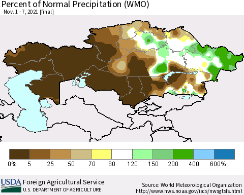 Kazakhstan Percent of Normal Precipitation (WMO) Thematic Map For 11/1/2021 - 11/7/2021
