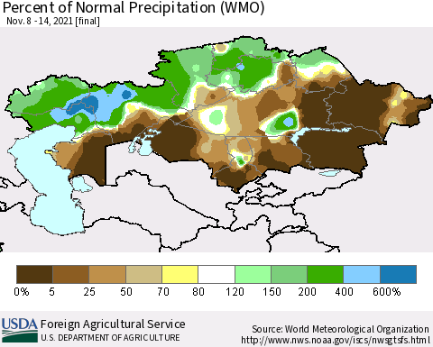Kazakhstan Percent of Normal Precipitation (WMO) Thematic Map For 11/8/2021 - 11/14/2021