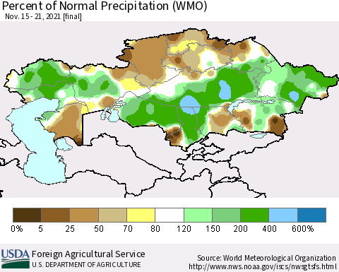 Kazakhstan Percent of Normal Precipitation (WMO) Thematic Map For 11/15/2021 - 11/21/2021