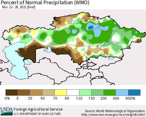 Kazakhstan Percent of Normal Precipitation (WMO) Thematic Map For 11/22/2021 - 11/28/2021