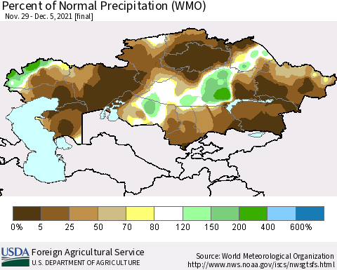 Kazakhstan Percent of Normal Precipitation (WMO) Thematic Map For 11/29/2021 - 12/5/2021