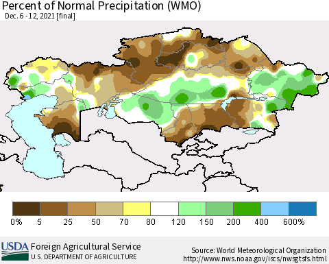 Kazakhstan Percent of Normal Precipitation (WMO) Thematic Map For 12/6/2021 - 12/12/2021