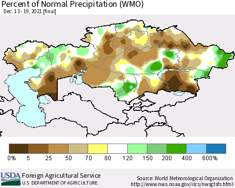 Kazakhstan Percent of Normal Precipitation (WMO) Thematic Map For 12/13/2021 - 12/19/2021