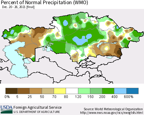 Kazakhstan Percent of Normal Precipitation (WMO) Thematic Map For 12/20/2021 - 12/26/2021