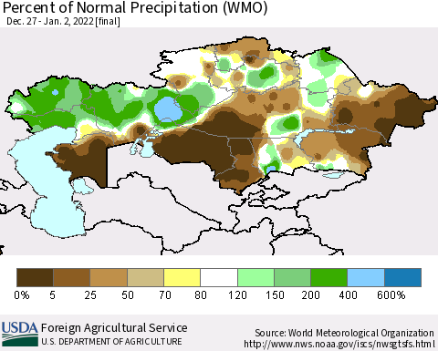 Kazakhstan Percent of Normal Precipitation (WMO) Thematic Map For 12/27/2021 - 1/2/2022