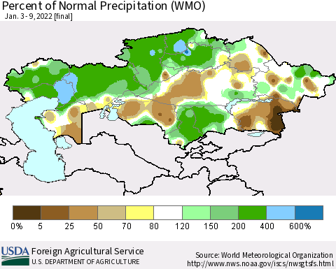 Kazakhstan Percent of Normal Precipitation (WMO) Thematic Map For 1/3/2022 - 1/9/2022