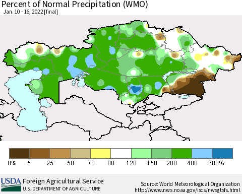 Kazakhstan Percent of Normal Precipitation (WMO) Thematic Map For 1/10/2022 - 1/16/2022