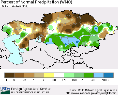 Kazakhstan Percent of Normal Precipitation (WMO) Thematic Map For 1/17/2022 - 1/23/2022