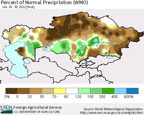 Kazakhstan Percent of Normal Precipitation (WMO) Thematic Map For 1/24/2022 - 1/30/2022