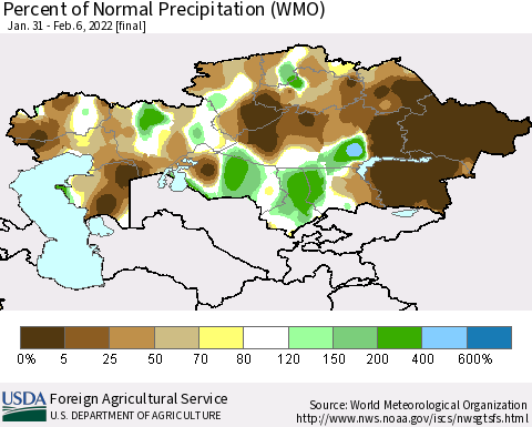 Kazakhstan Percent of Normal Precipitation (WMO) Thematic Map For 1/31/2022 - 2/6/2022