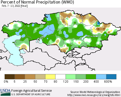 Kazakhstan Percent of Normal Precipitation (WMO) Thematic Map For 2/7/2022 - 2/13/2022