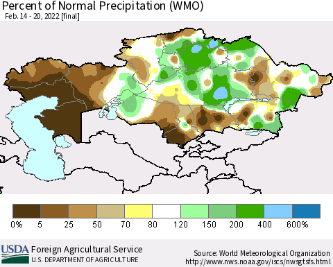 Kazakhstan Percent of Normal Precipitation (WMO) Thematic Map For 2/14/2022 - 2/20/2022