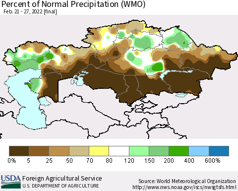 Kazakhstan Percent of Normal Precipitation (WMO) Thematic Map For 2/21/2022 - 2/27/2022