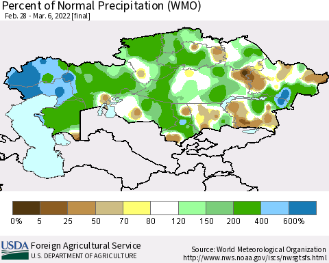 Kazakhstan Percent of Normal Precipitation (WMO) Thematic Map For 2/28/2022 - 3/6/2022