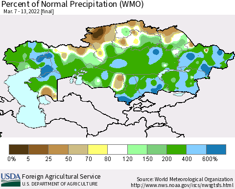 Kazakhstan Percent of Normal Precipitation (WMO) Thematic Map For 3/7/2022 - 3/13/2022