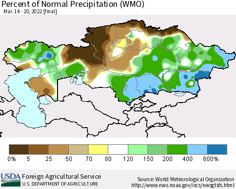 Kazakhstan Percent of Normal Precipitation (WMO) Thematic Map For 3/14/2022 - 3/20/2022