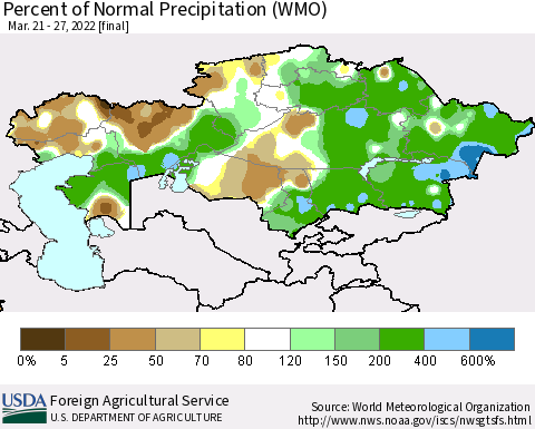 Kazakhstan Percent of Normal Precipitation (WMO) Thematic Map For 3/21/2022 - 3/27/2022