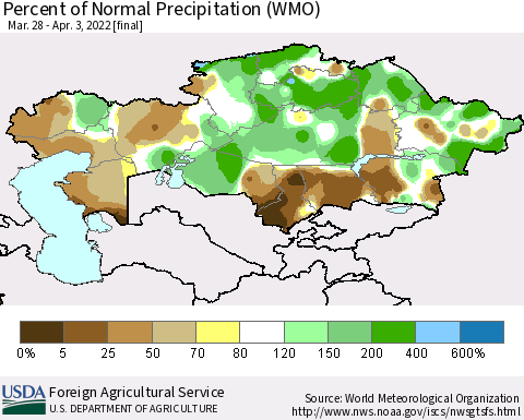 Kazakhstan Percent of Normal Precipitation (WMO) Thematic Map For 3/28/2022 - 4/3/2022