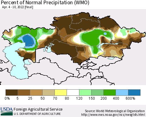 Kazakhstan Percent of Normal Precipitation (WMO) Thematic Map For 4/4/2022 - 4/10/2022