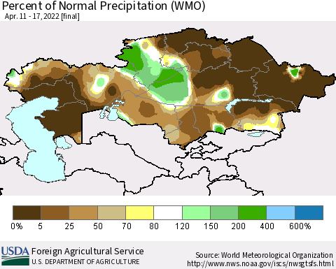 Kazakhstan Percent of Normal Precipitation (WMO) Thematic Map For 4/11/2022 - 4/17/2022