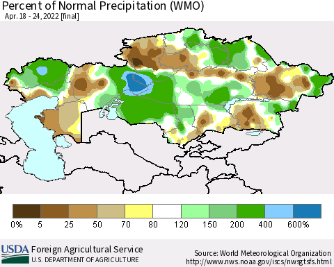 Kazakhstan Percent of Normal Precipitation (WMO) Thematic Map For 4/18/2022 - 4/24/2022