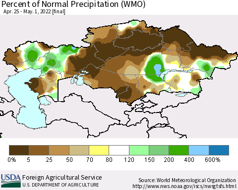 Kazakhstan Percent of Normal Precipitation (WMO) Thematic Map For 4/25/2022 - 5/1/2022