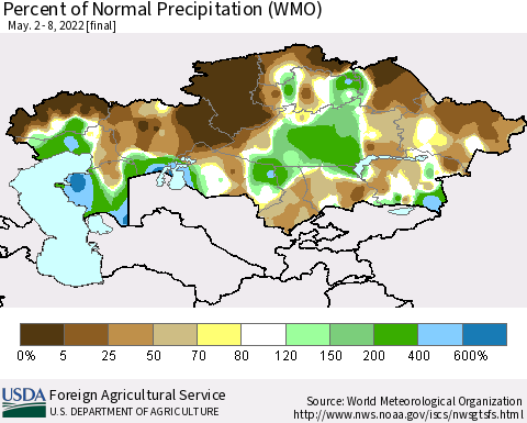 Kazakhstan Percent of Normal Precipitation (WMO) Thematic Map For 5/2/2022 - 5/8/2022
