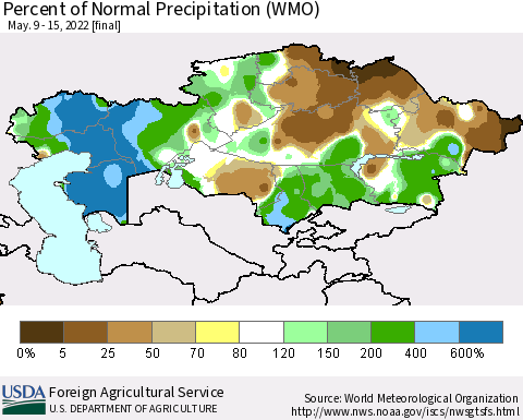 Kazakhstan Percent of Normal Precipitation (WMO) Thematic Map For 5/9/2022 - 5/15/2022