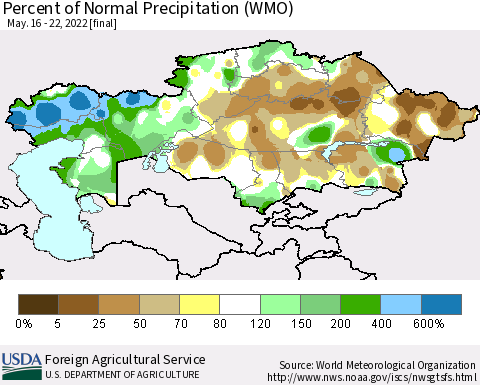 Kazakhstan Percent of Normal Precipitation (WMO) Thematic Map For 5/16/2022 - 5/22/2022