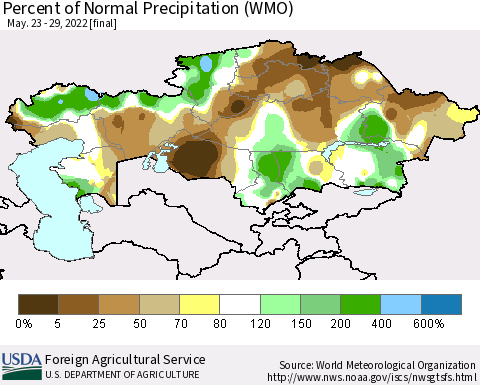 Kazakhstan Percent of Normal Precipitation (WMO) Thematic Map For 5/23/2022 - 5/29/2022