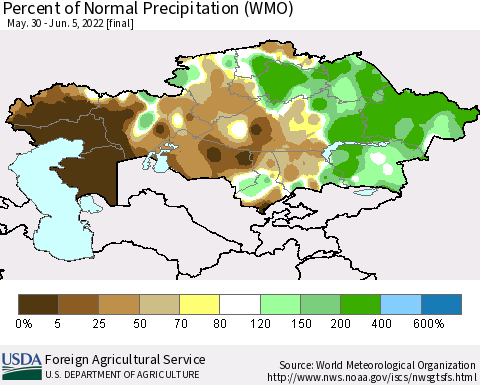 Kazakhstan Percent of Normal Precipitation (WMO) Thematic Map For 5/30/2022 - 6/5/2022