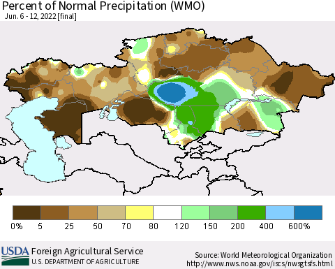 Kazakhstan Percent of Normal Precipitation (WMO) Thematic Map For 6/6/2022 - 6/12/2022