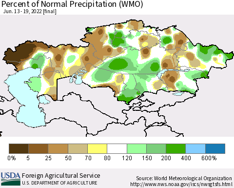 Kazakhstan Percent of Normal Precipitation (WMO) Thematic Map For 6/13/2022 - 6/19/2022