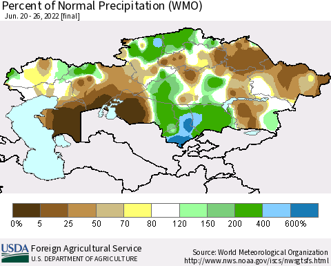 Kazakhstan Percent of Normal Precipitation (WMO) Thematic Map For 6/20/2022 - 6/26/2022