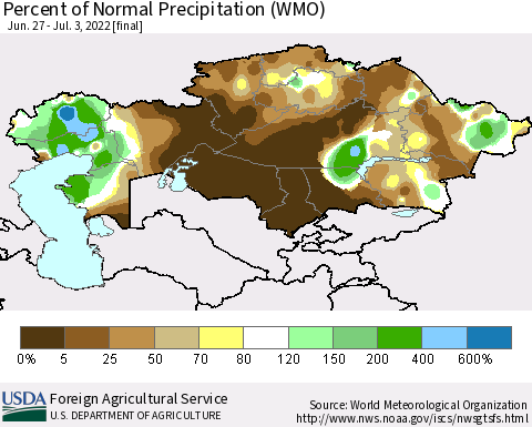 Kazakhstan Percent of Normal Precipitation (WMO) Thematic Map For 6/27/2022 - 7/3/2022