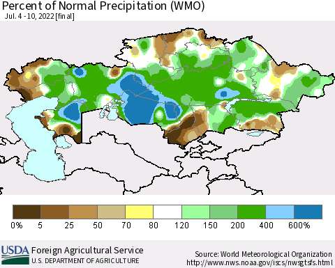 Kazakhstan Percent of Normal Precipitation (WMO) Thematic Map For 7/4/2022 - 7/10/2022