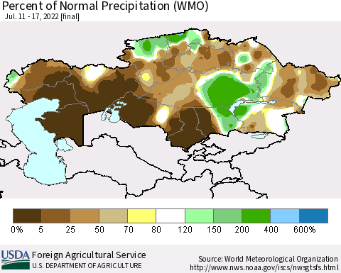 Kazakhstan Percent of Normal Precipitation (WMO) Thematic Map For 7/11/2022 - 7/17/2022