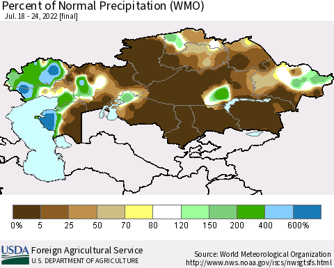 Kazakhstan Percent of Normal Precipitation (WMO) Thematic Map For 7/18/2022 - 7/24/2022