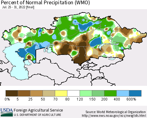 Kazakhstan Percent of Normal Precipitation (WMO) Thematic Map For 7/25/2022 - 7/31/2022