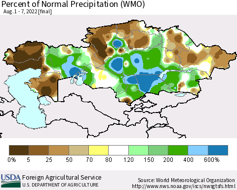 Kazakhstan Percent of Normal Precipitation (WMO) Thematic Map For 8/1/2022 - 8/7/2022