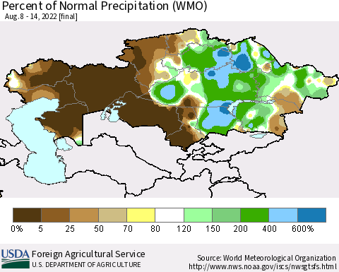 Kazakhstan Percent of Normal Precipitation (WMO) Thematic Map For 8/8/2022 - 8/14/2022
