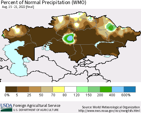 Kazakhstan Percent of Normal Precipitation (WMO) Thematic Map For 8/15/2022 - 8/21/2022